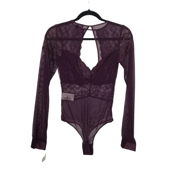 INC International Concepts Women's Sheer Lace Bodysuit Color Dark Merlot Size L