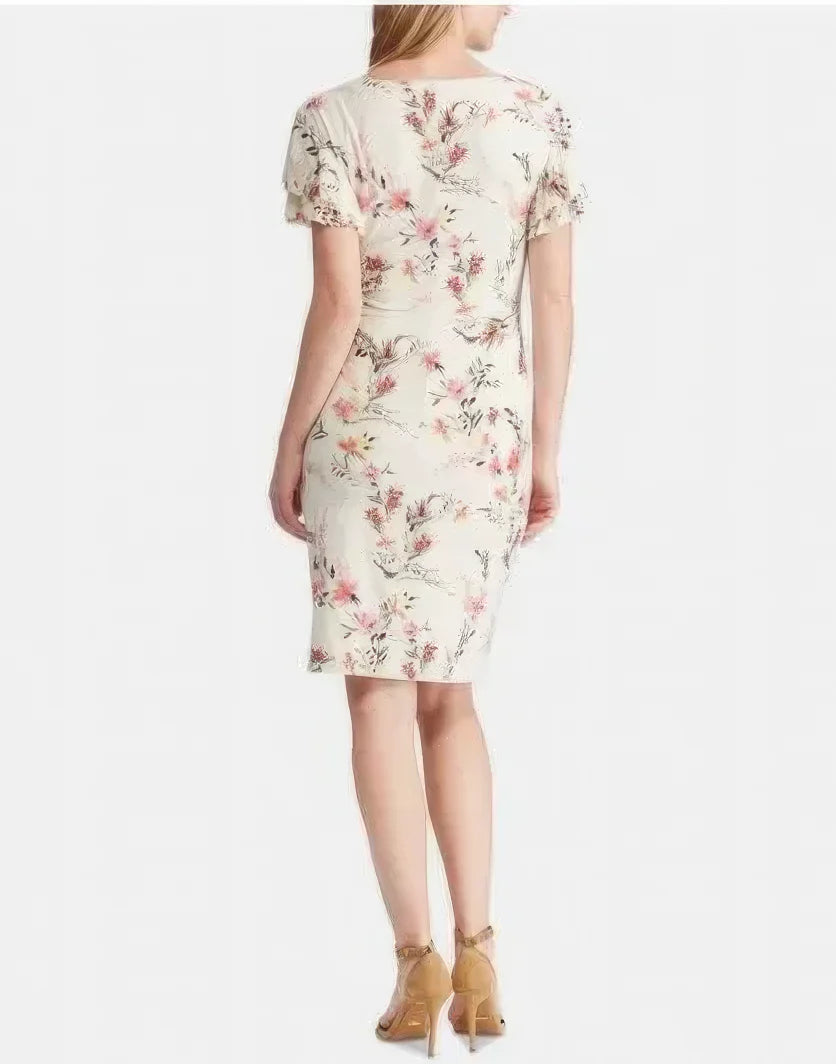 Lauren Ralph Lauren Petite Latoya Floral Ruffle Sleeve Party Dress Color Cashew/Pink Size 6P