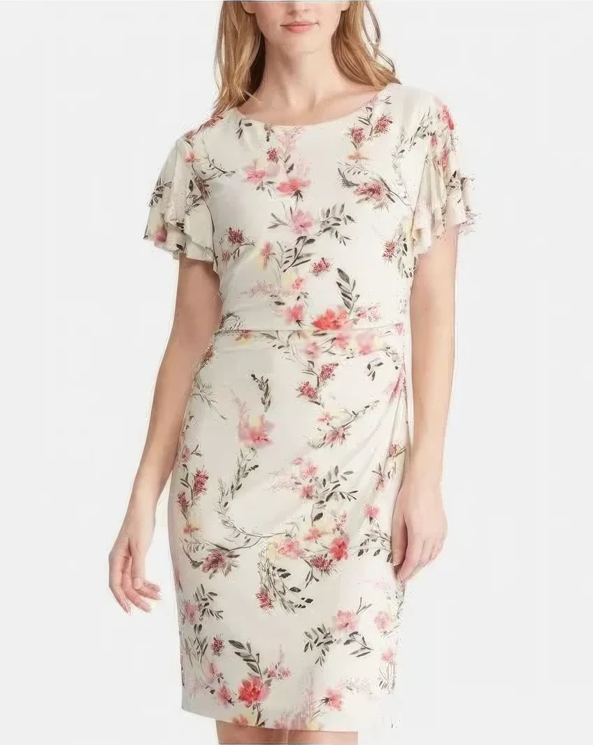 Lauren Ralph Lauren Petite Latoya Floral Ruffle Sleeve Party Dress Color Cashew/Pink Size 6P