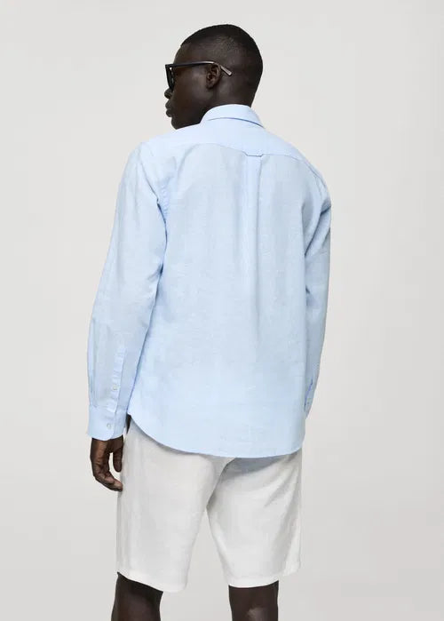 MANGO Men's Regular-Fit Striped Cotton-Linen Shirt Baby Blue Size M