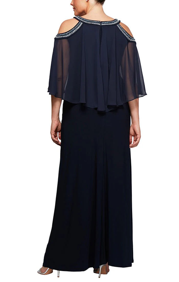 Alex Evenings Plus Size Beaded Cold-Shoulder Gown Color Navy Size 16W