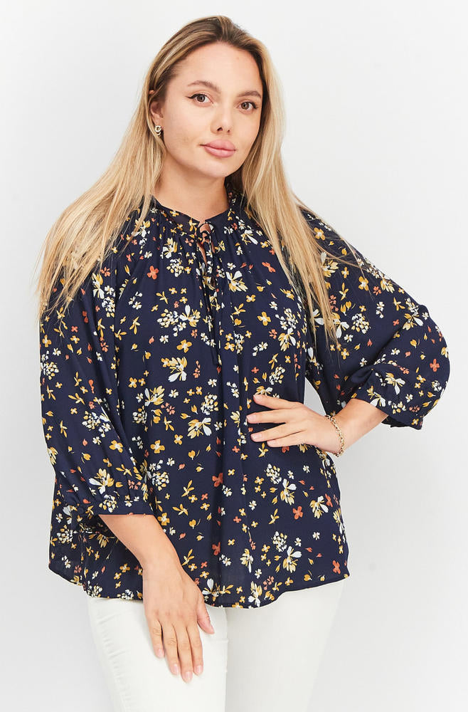 VINCE CAMUTO Women's Floral-Print Balloon-Sleeve Top Color Classic Navy Size XS