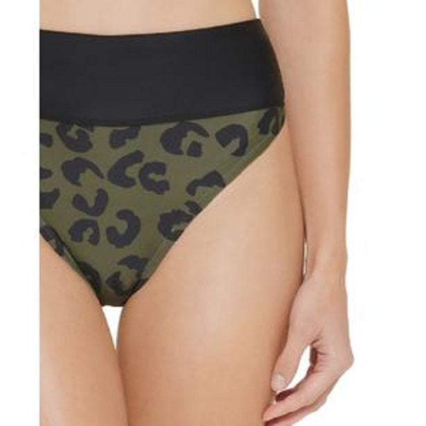DKNY Printed High-Waist Bikini Bottoms Color Block Leopard Moss Green Size L