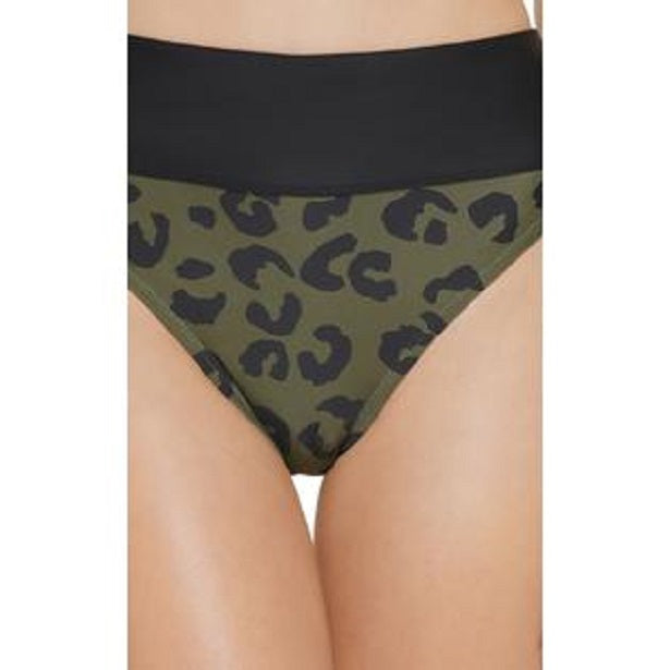 DKNY Printed High-Waist Bikini Bottoms Color Block Leopard Moss Green Size L