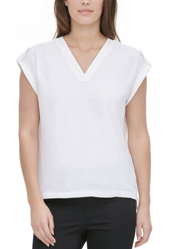 Calvin Klein Jeans Women's Mixed-Media V-Neck Top Color White Size S