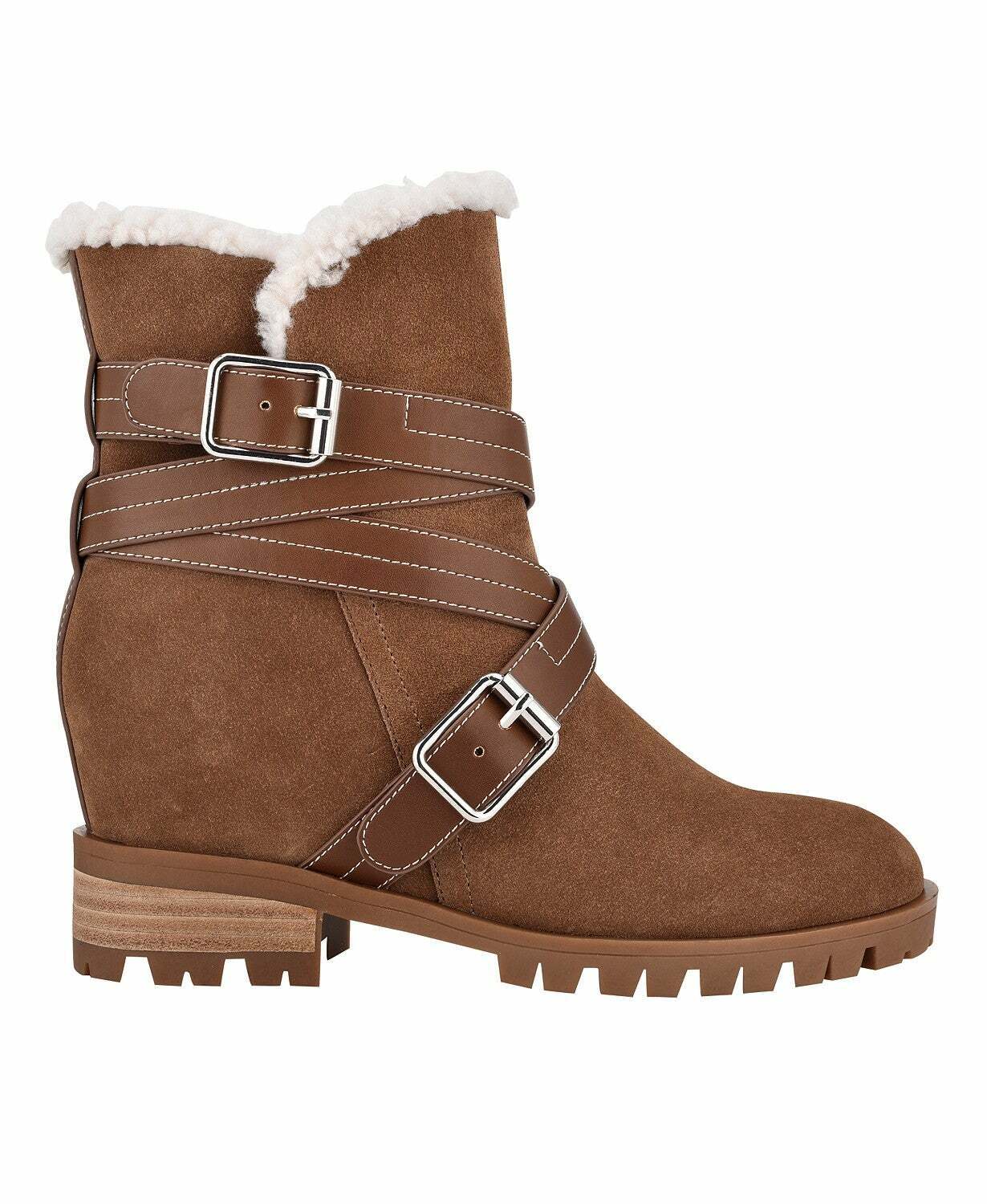 Nine West Davyd Demi Wedge Buckle Faux Fur Booties Color Brown Suede Size 9M