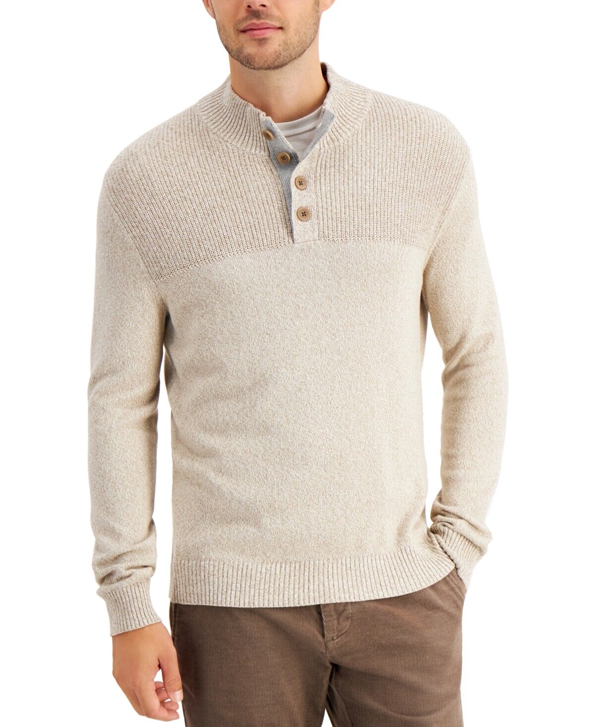 Club Room Men's Ribbed Four-Button Sweater Color Timberwolf Marl Size 2XL