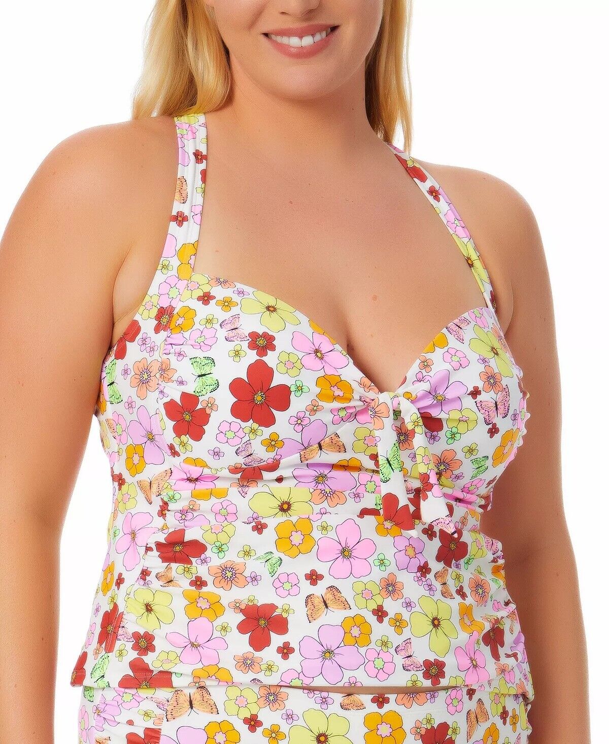 California Waves Trendy Plus Size Floral-Print Floral Flutter Tankini Top Color White Multi Size 2X