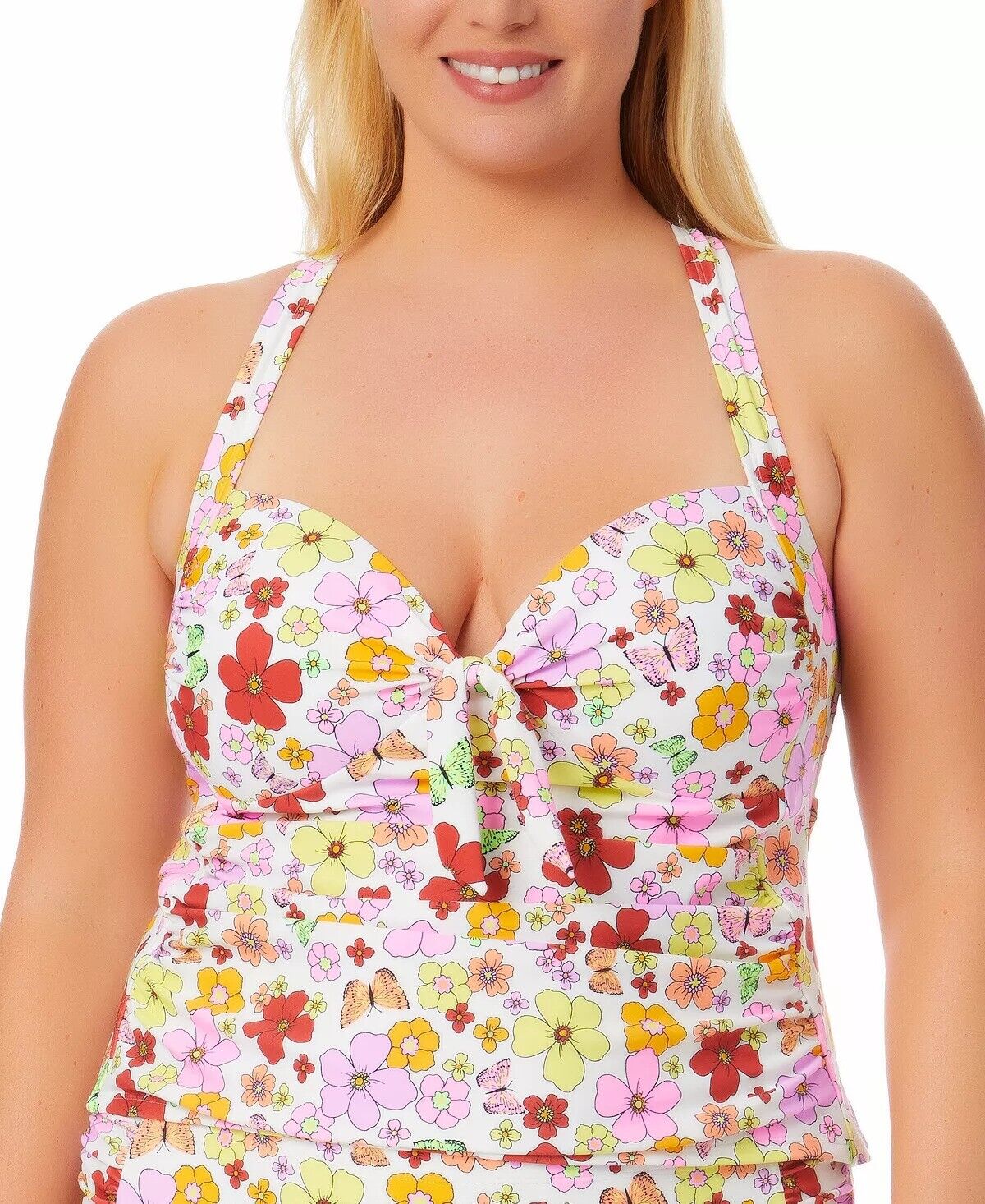 California Waves Trendy Plus Size Floral-Print Floral Flutter Tankini Top Color White Multi Size 2X