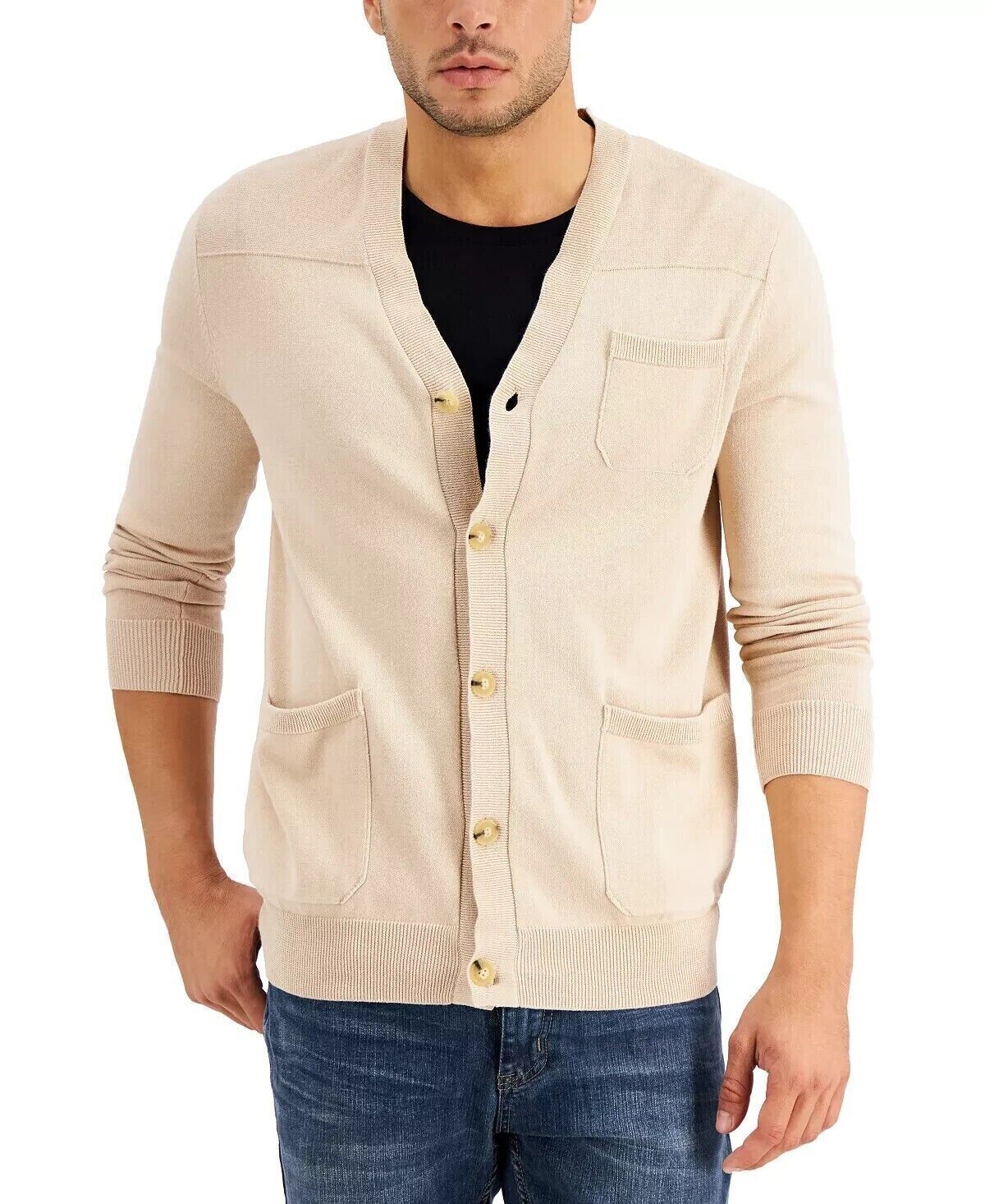 Alfani Men's Solid Pocket Cardigan Color Sugar Beige Size L