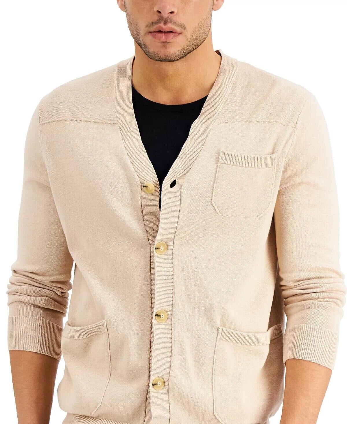 Alfani Men's Solid Pocket Cardigan Color Sugar Beige Size L