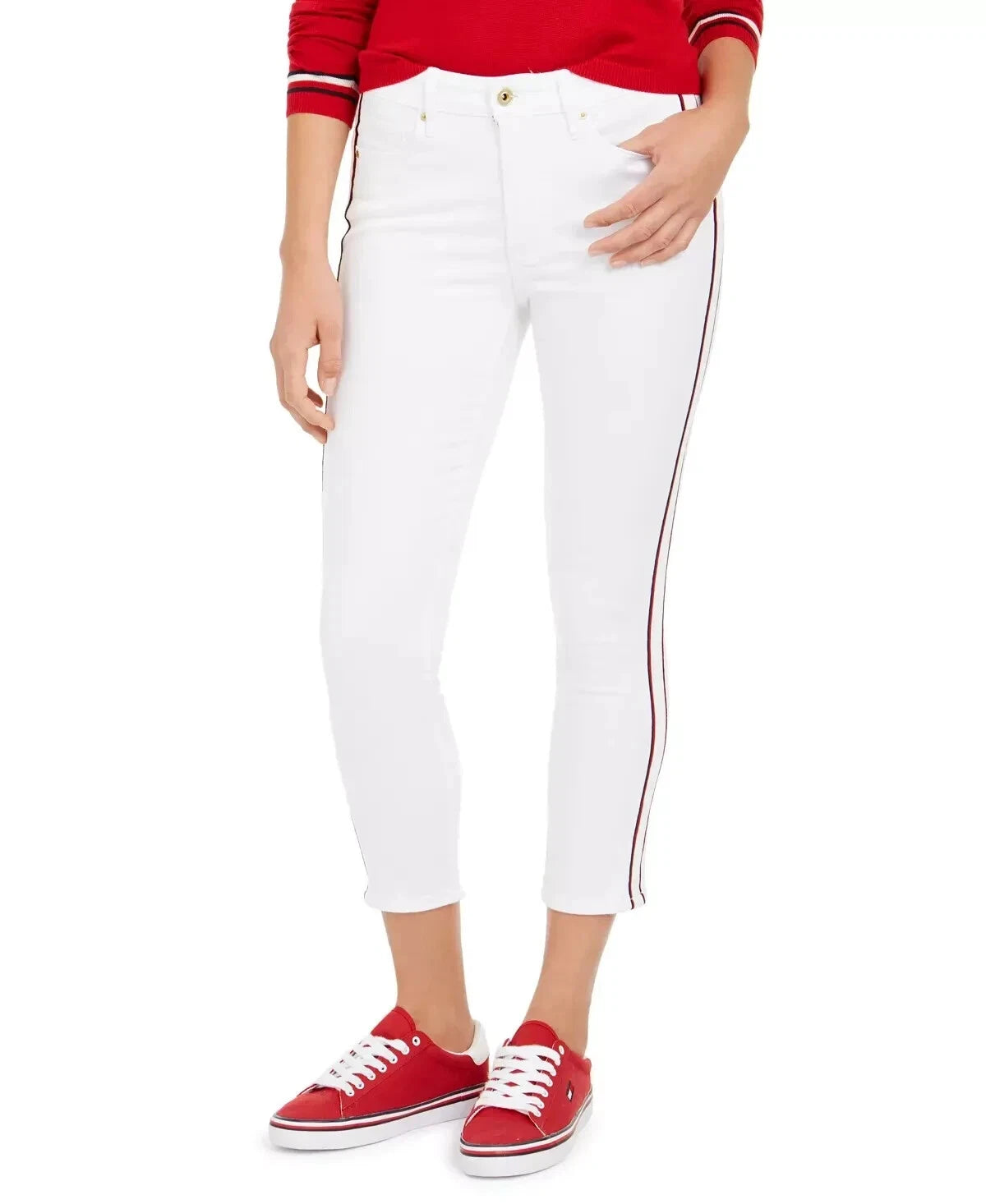 Tommy Hilfiger Women's Tribeca Side-Stripe Ankle Jeans White Size 12