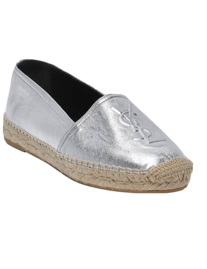 YSL Saint Laurent Womens Logo Leather Espadrilles Slip-on Shoe Color Gold-Tone Glitter Size 4.5/EU35+