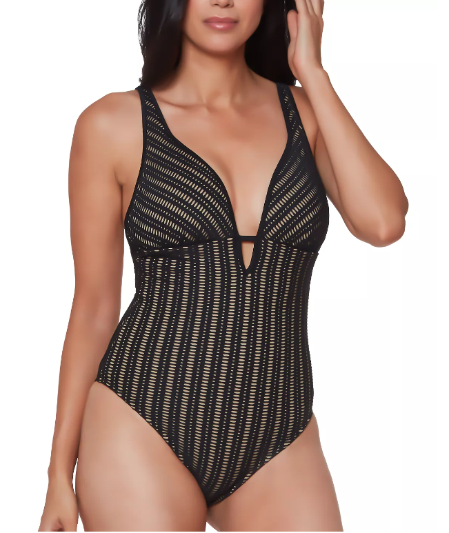 Bar III Plunging Crochet One-Piece Swimsuit Color Black Size S