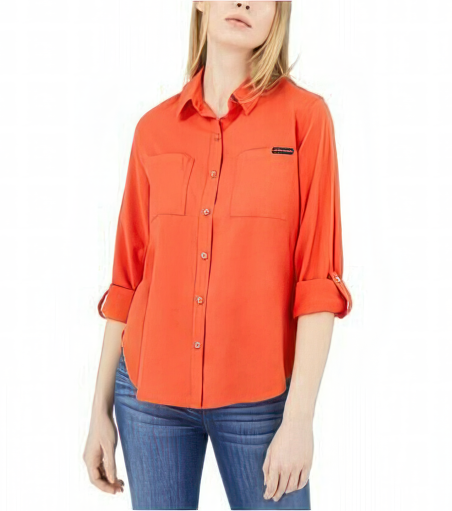 Calvin Klein Women's Button Front Tie Hem Roll Tab Sleeve Utility Shirt Color Habanero Size M