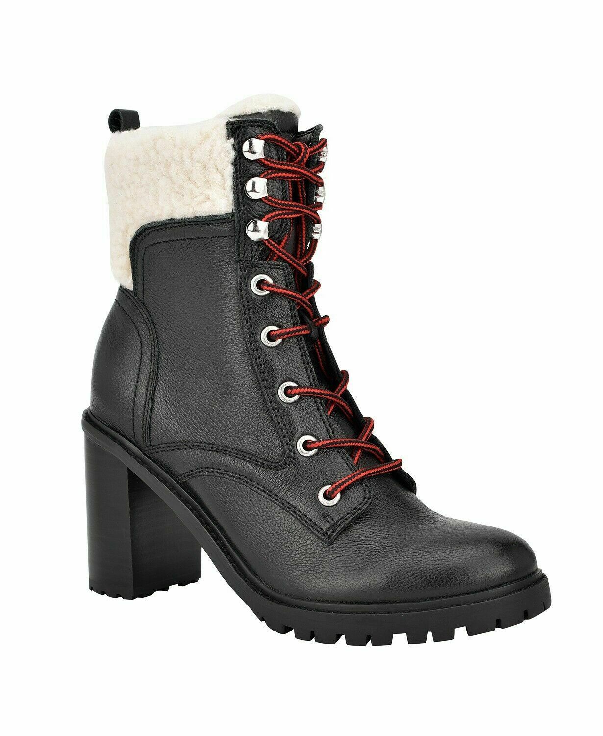 NINE WEST Perli Lug Sole Combat Ankle Boots Color Black Leather Size 7.5M
