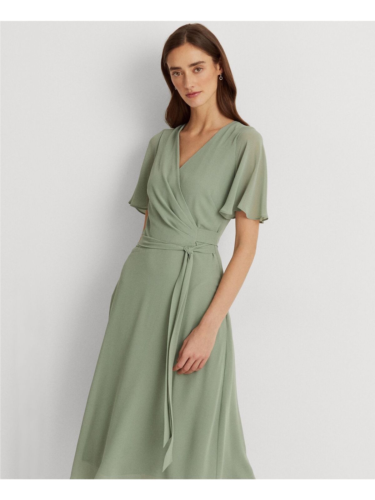 Lauren Ralph Lauren Women's Georgette Flutter-Sleeve Dress Color Lily Pad Size 16