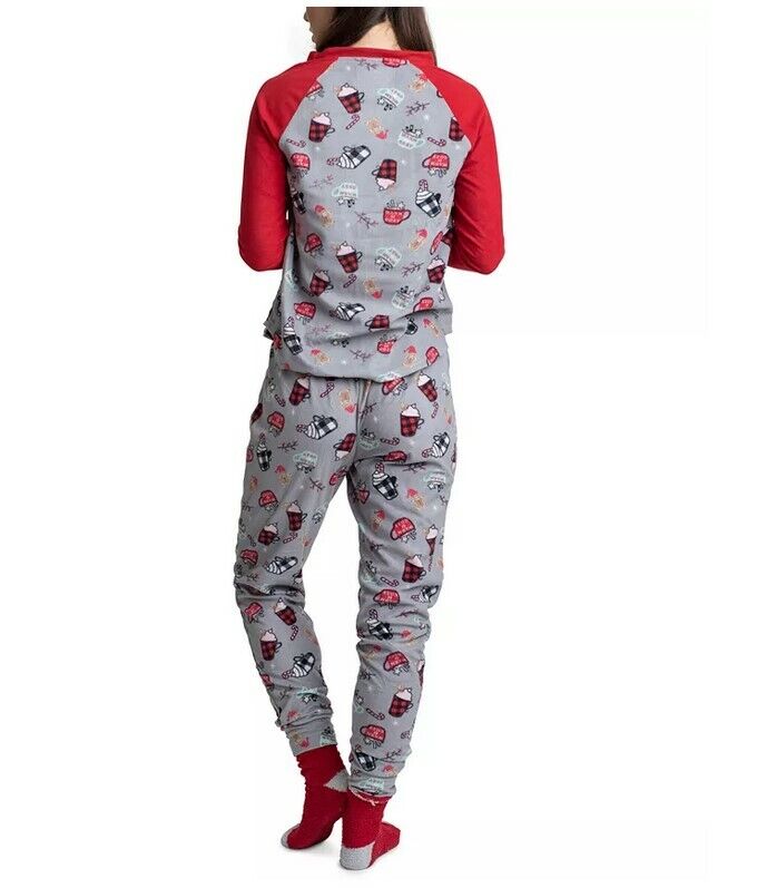 Muk Luks 3-Pc. Gift Printed Fleece Top, Pants & Socks Color Red Coffee Size M