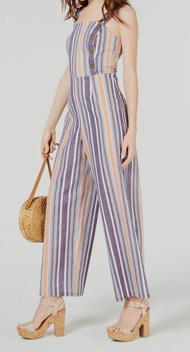 Fishbowl Juniors Button-Front Wide-Leg Jumpsuit Color Blue Peach Size 11