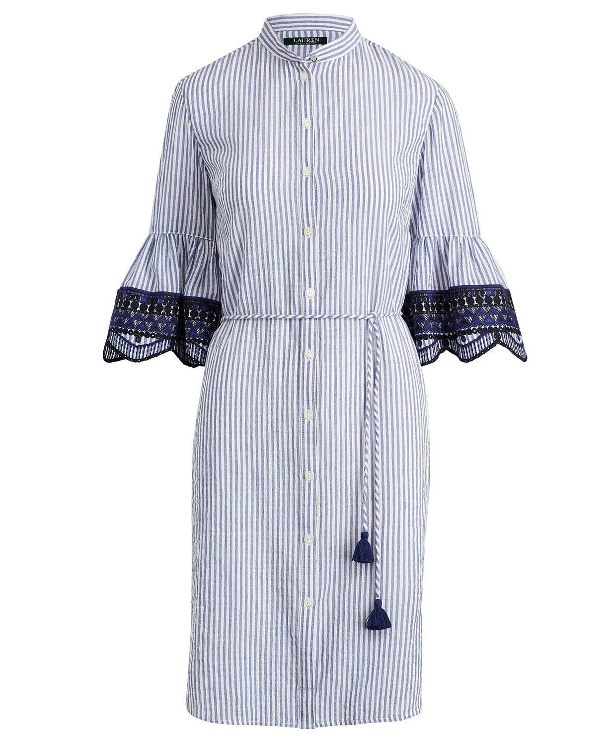 Lauren Ralph Lauren Women's Embroidered-Cuff Dress Color Blue/White Size 14