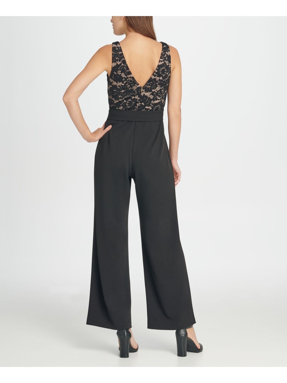 DKNY Women's V-Neck Lace Top Jumpsuit Color Black/Nude Size 6