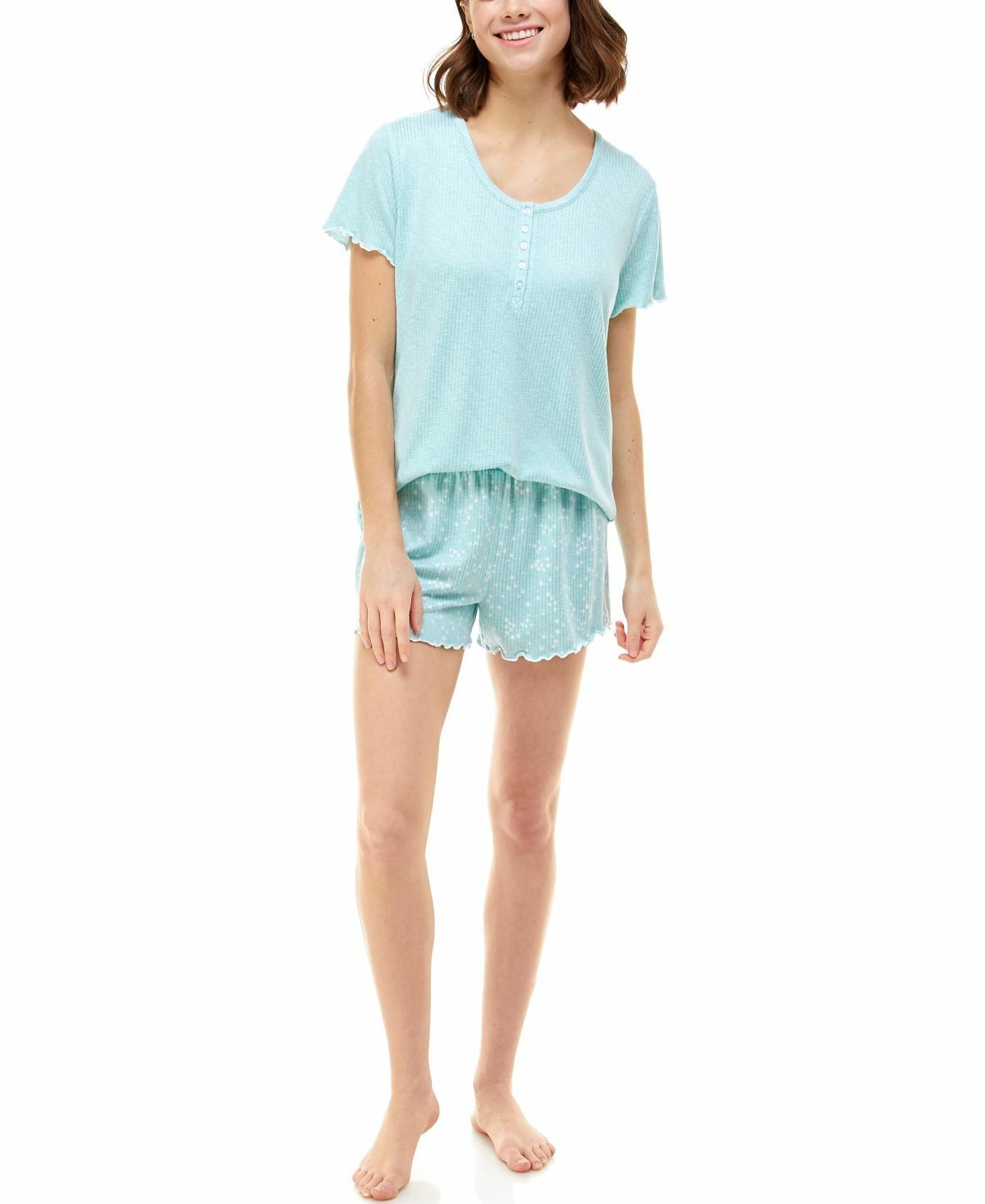 Roudelain Women's Ribbed Lettuce-Trim Shorts Pajama Set Color Pastel Blue Size L