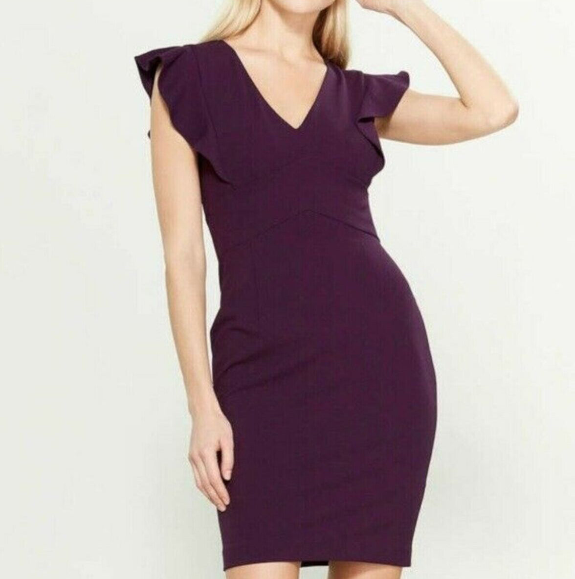DKNY Women's Ruffled Cap Sleeve V Neck Sheath Dress Color Purple Size 8