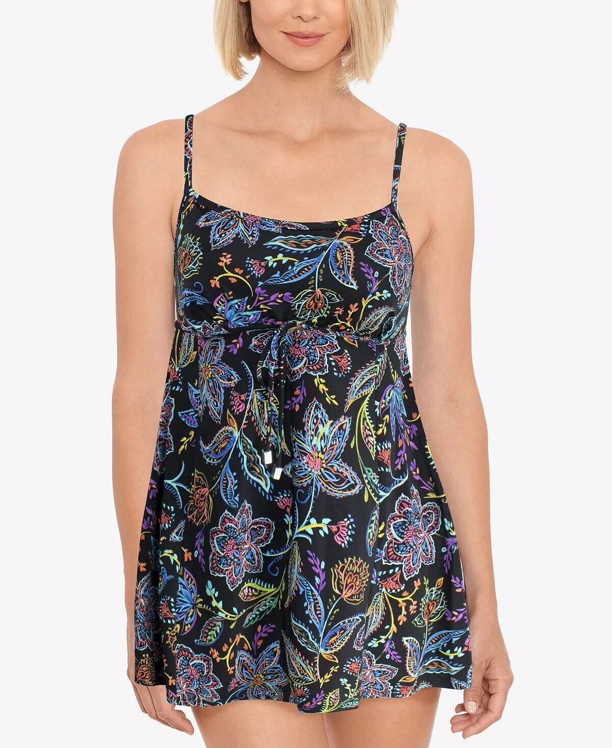 Swim Solutions Empire-Waist Tummy-Control Swimdress Color Stitchwork Black Multi Size 10