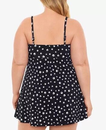 Swim Solutions Plus Empire-Banded Tummy-Control Swimdress Color Marble Dots Black Size 24W