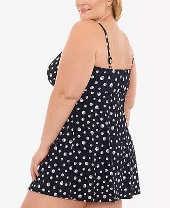 Swim Solutions Plus Empire-Banded Tummy-Control Swimdress Color Marble Dots Black Size 24W