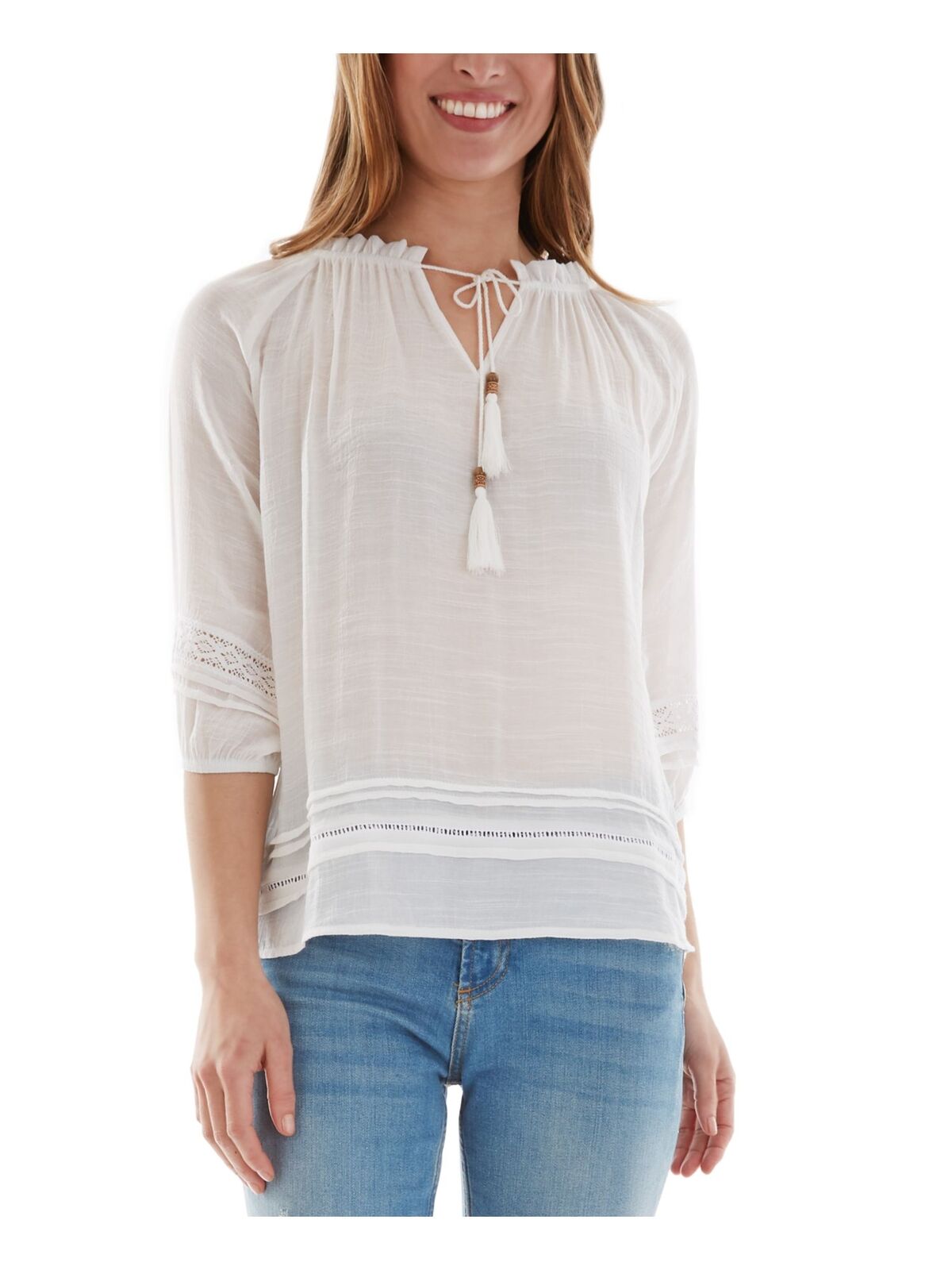 BCX Juniors Cut Out Tasseled 3/4 Sleeve Tie-Neck Top Color Off White Size S