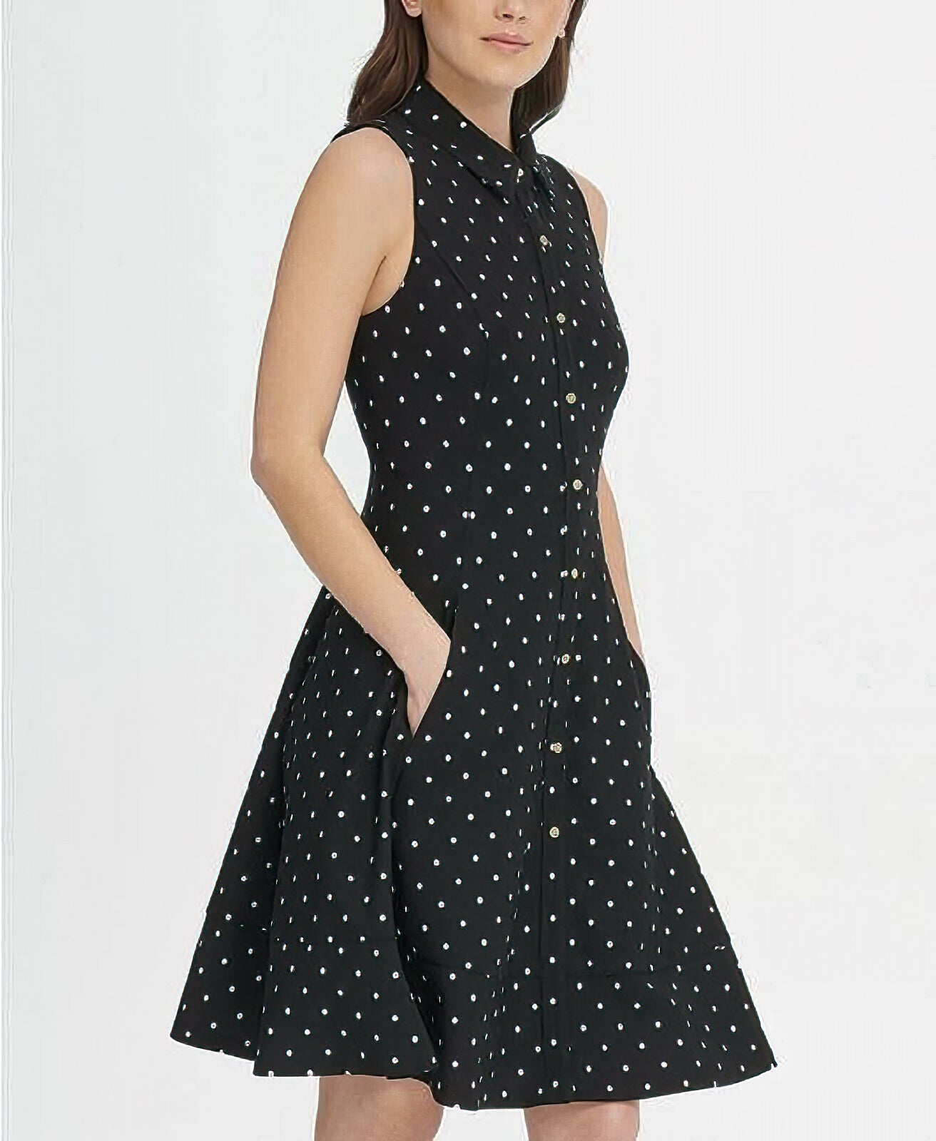 DKNY Women's Polka-Dot Button Front Shirt Dress Color Black Size 10