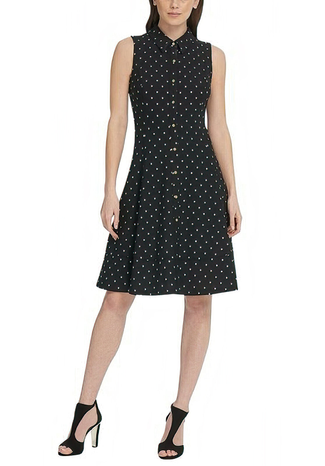 DKNY Women's Polka-Dot Button Front Shirt Dress Color Black Size 10