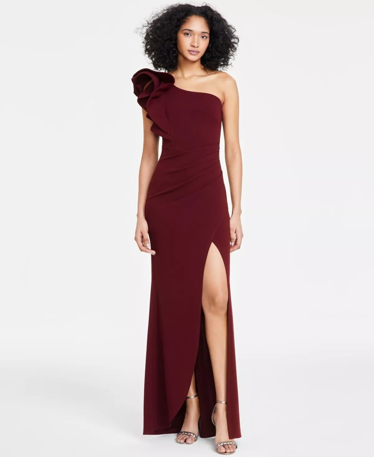 Emerald Sundae Juniors Ruffle-Shoulder Mermaid Gown Color Wine Size XL
