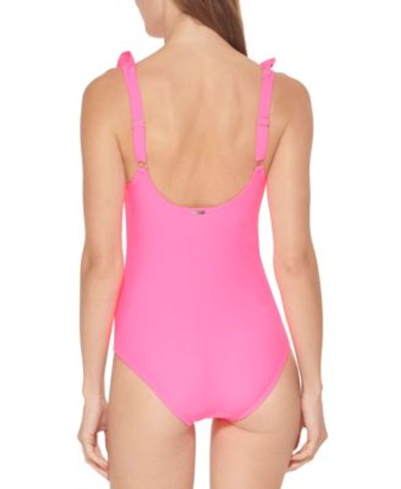 DKNY Ruffle Plunge Underwire One-Piece Swimsuit Color Neon Pink Size 14