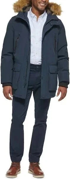 Club Room Men's Parka Faux Fur-Hood Coat Navy Size L