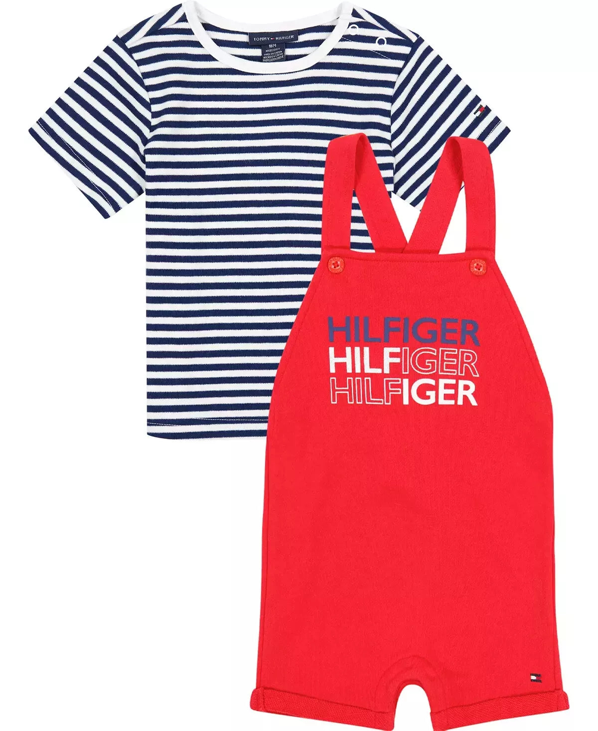 Tommy Hilfiger Baby Boys Knit Shortall Striped T-Shirt, 2 Piece Set Color Red Size 18 months