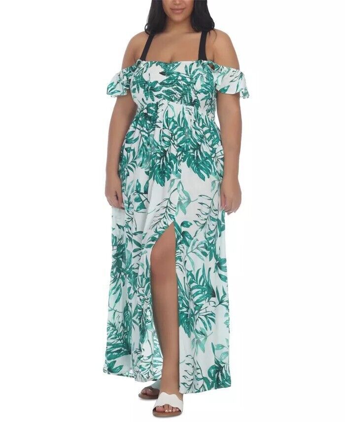 Raviya Plus Size Floral-Print Smocked-Bodice Maxi Dress Cover-Up Color Green Size 0X