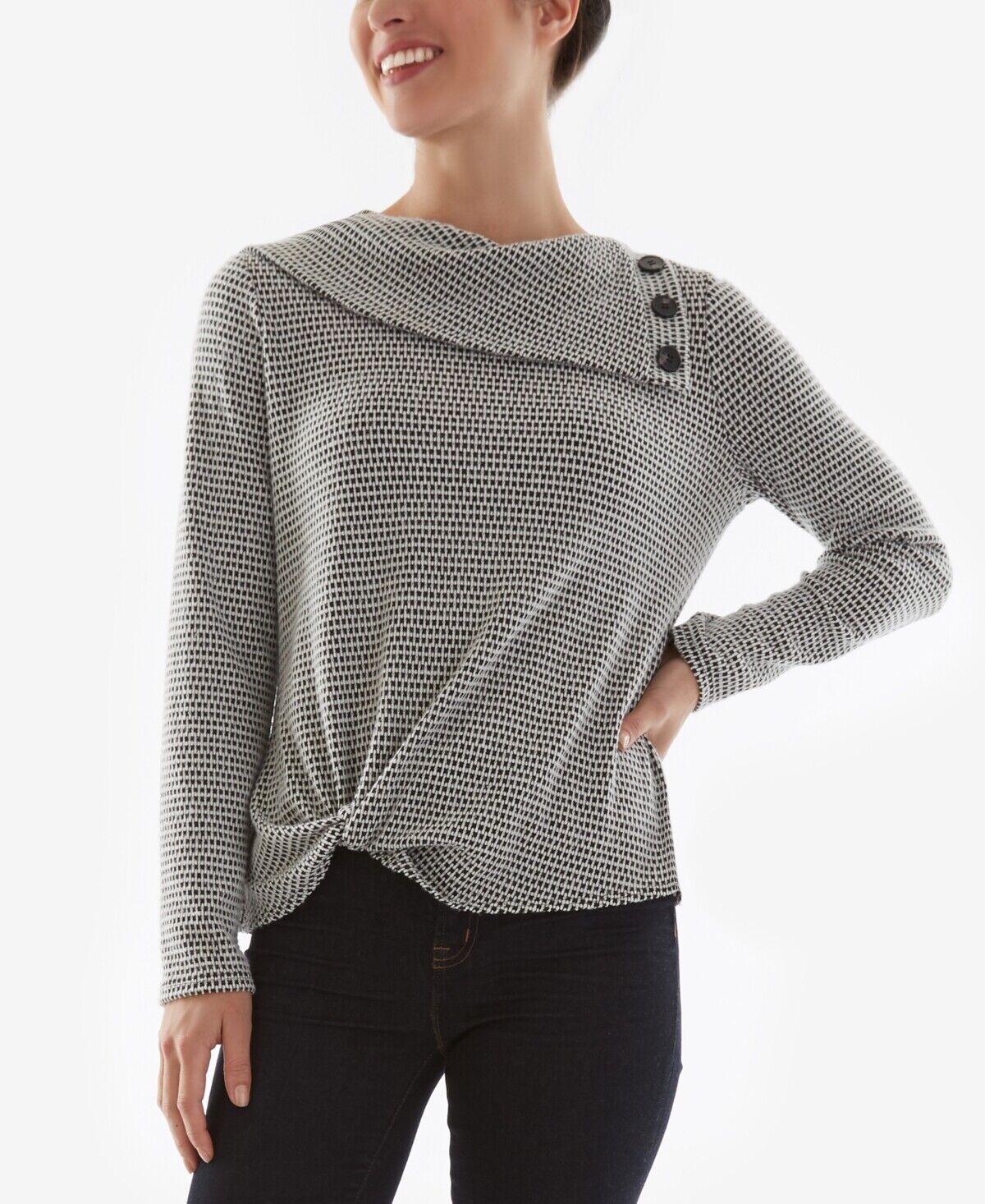 BCX Juniors Button-Trim Cowlneck Textured Top Color Off White Size M