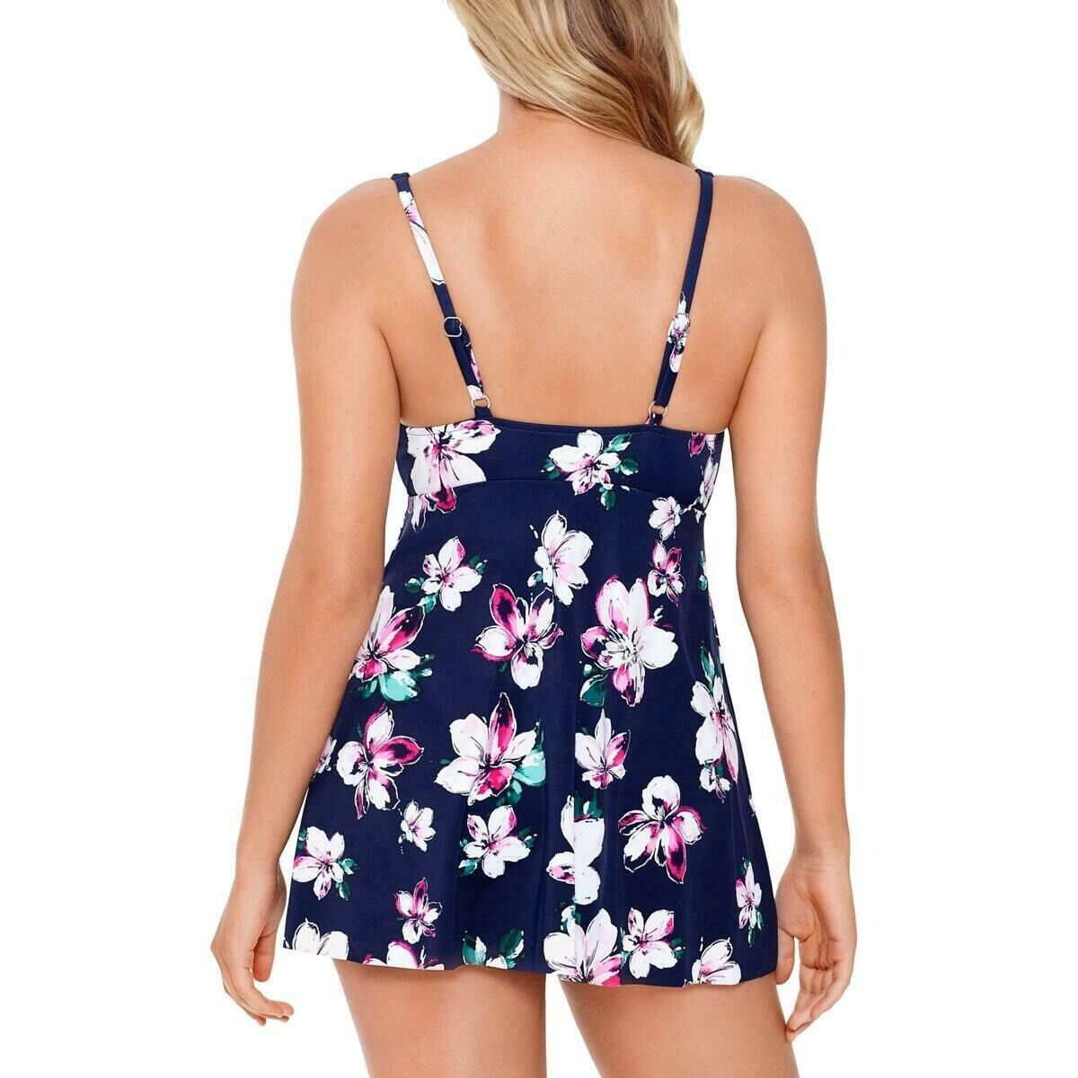 Swim Solutions Printed Flyaway Tummy Control Swimdress Color Floral Navy Size 12
