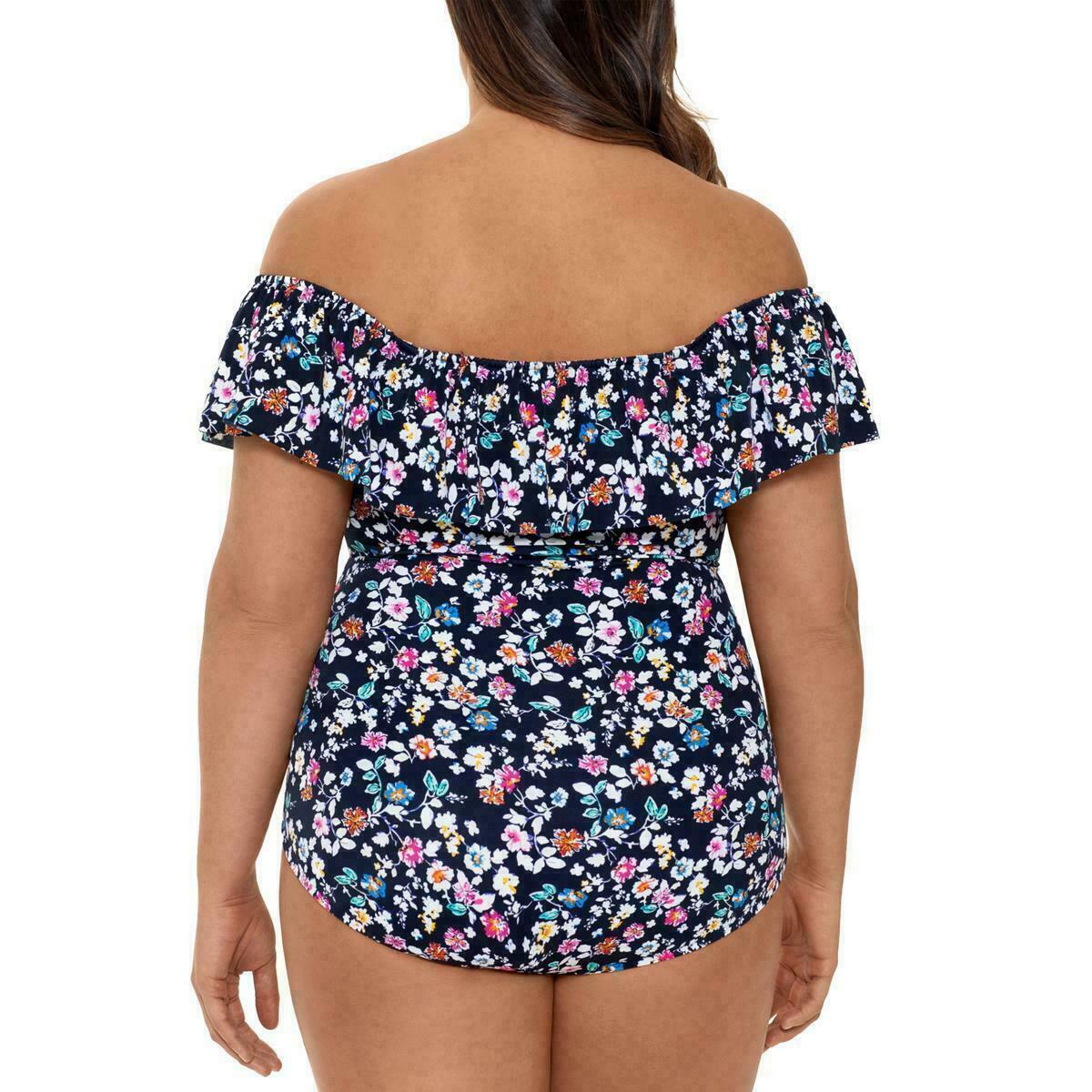 Swim Solutions Off-the-Shoulder One-Piece Swimsuit Color Vintage Ditsy Navy Size 18W