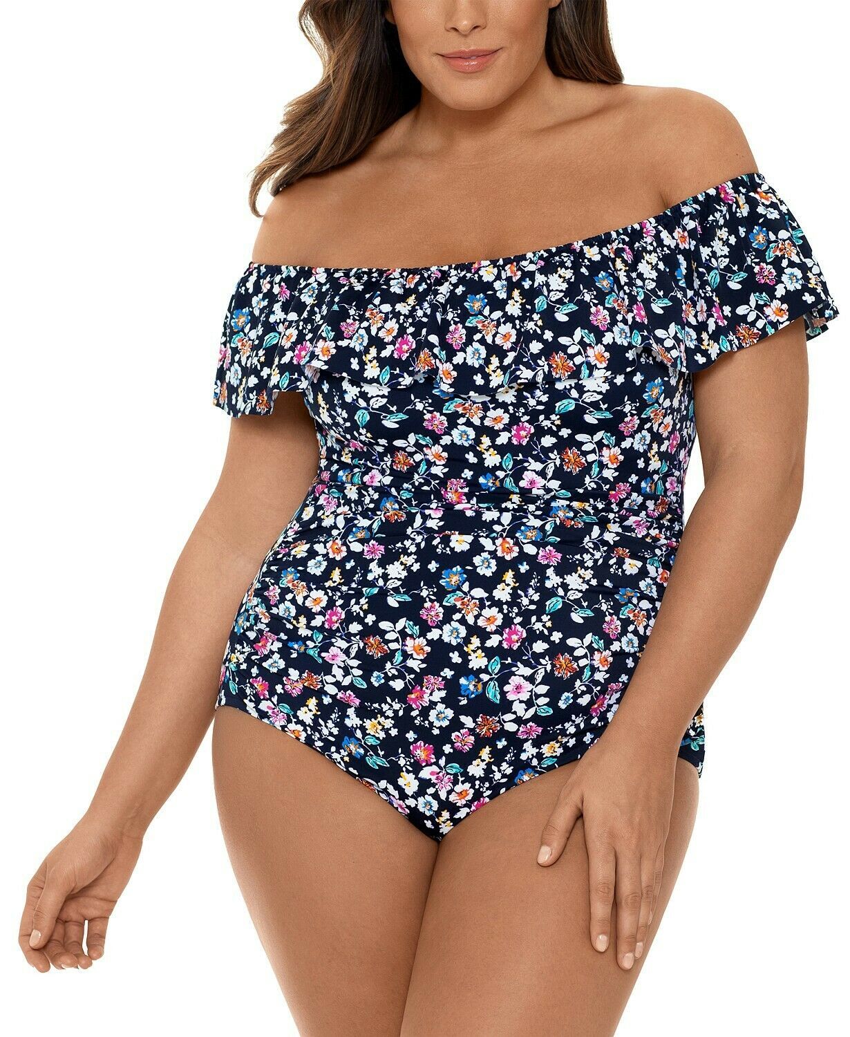 Swim Solutions Off-the-Shoulder One-Piece Swimsuit Color Vintage Ditsy Navy Size 18W