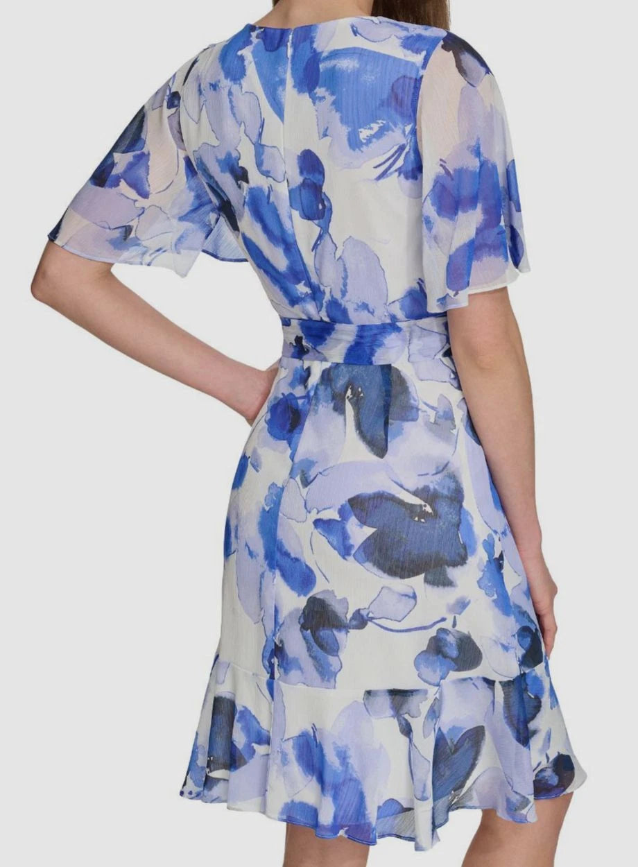 DKNY Women's Surplice-Neck Cape-Sleeve Chiffon Dress Marine Multi Size 8 (No Tag)