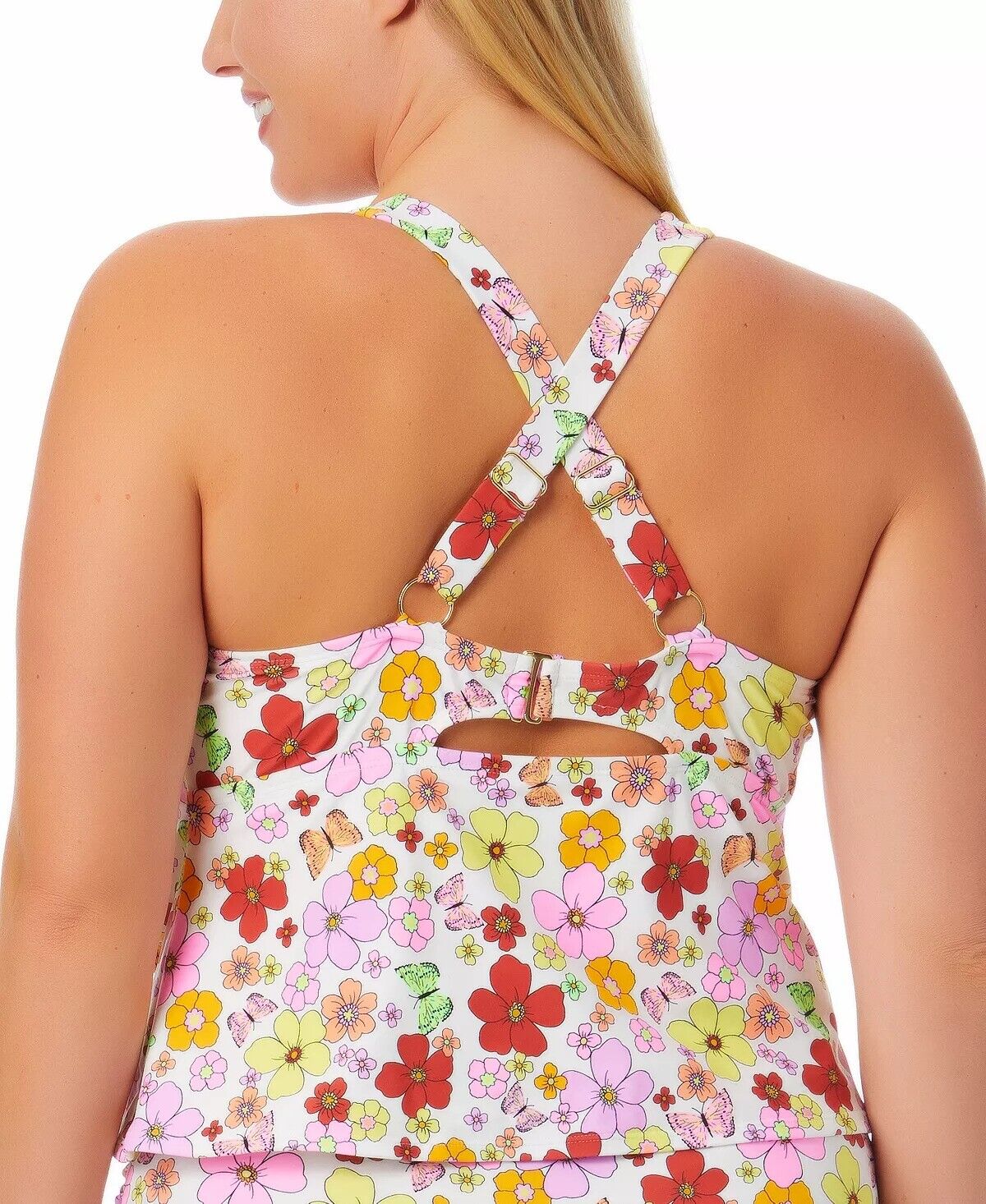 California Waves Trendy Plus Size Floral-Print Floral Flutter Tankini Top Color White Multi Size 2X