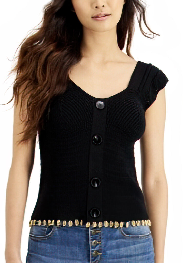 INC International Concepts Women's Cap-Sleeve Sweater Top Color Deep Black Size L