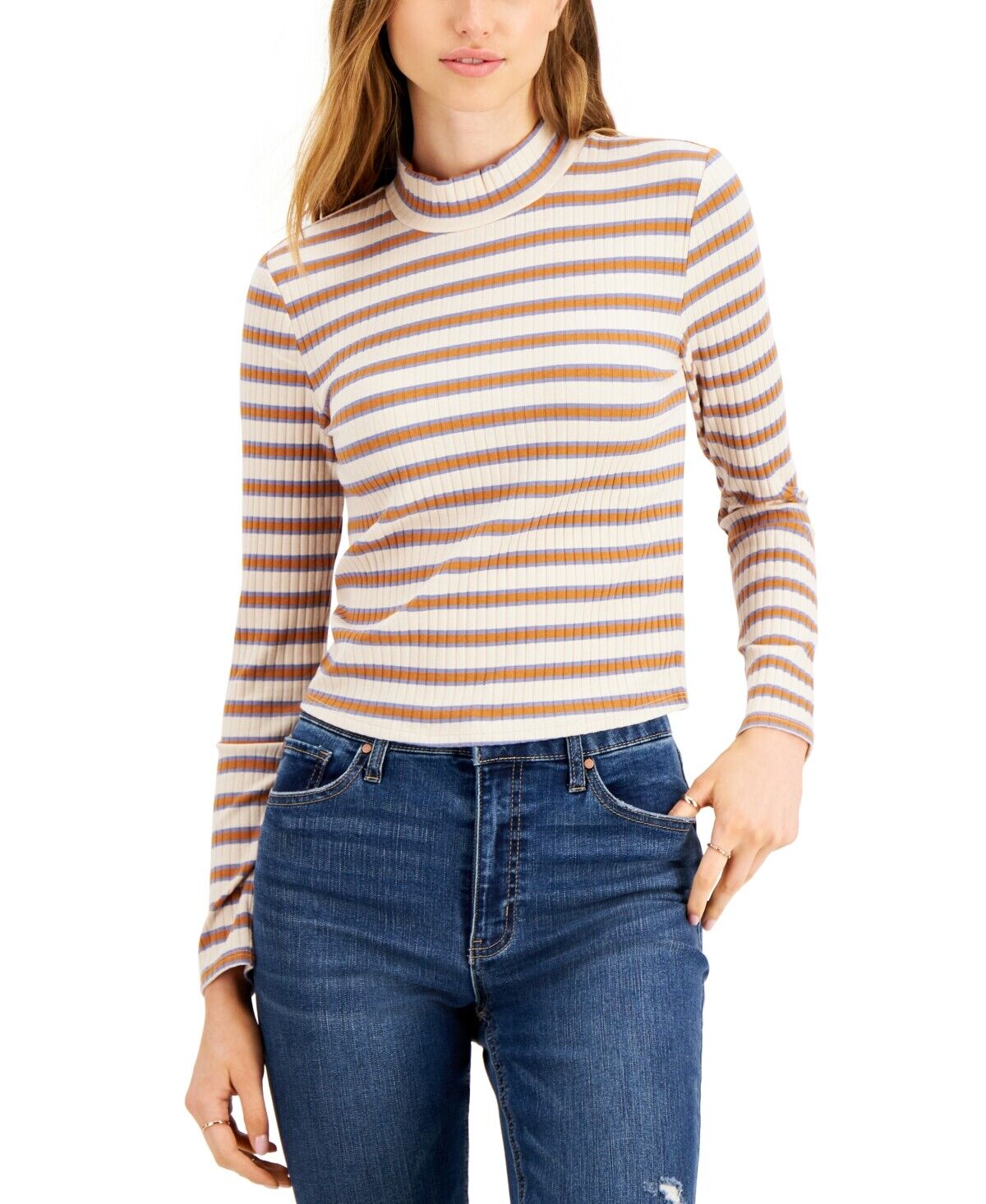 Hippie Rose Juniors Mock Neck Ribbed Thermal T-Shirt Color Light Pink Stripe Size L