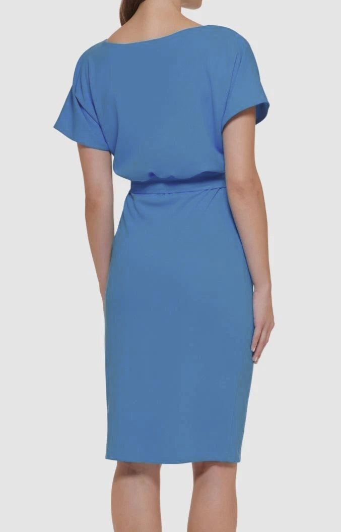 kensie Belted Blouson Wrap Textured Knit Sheath Dress Chambray Size 14