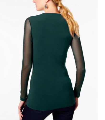 INC International Concepts Women's Illusion-Sleeve V-Neck Blouse Color Hunter Forest Size XL
