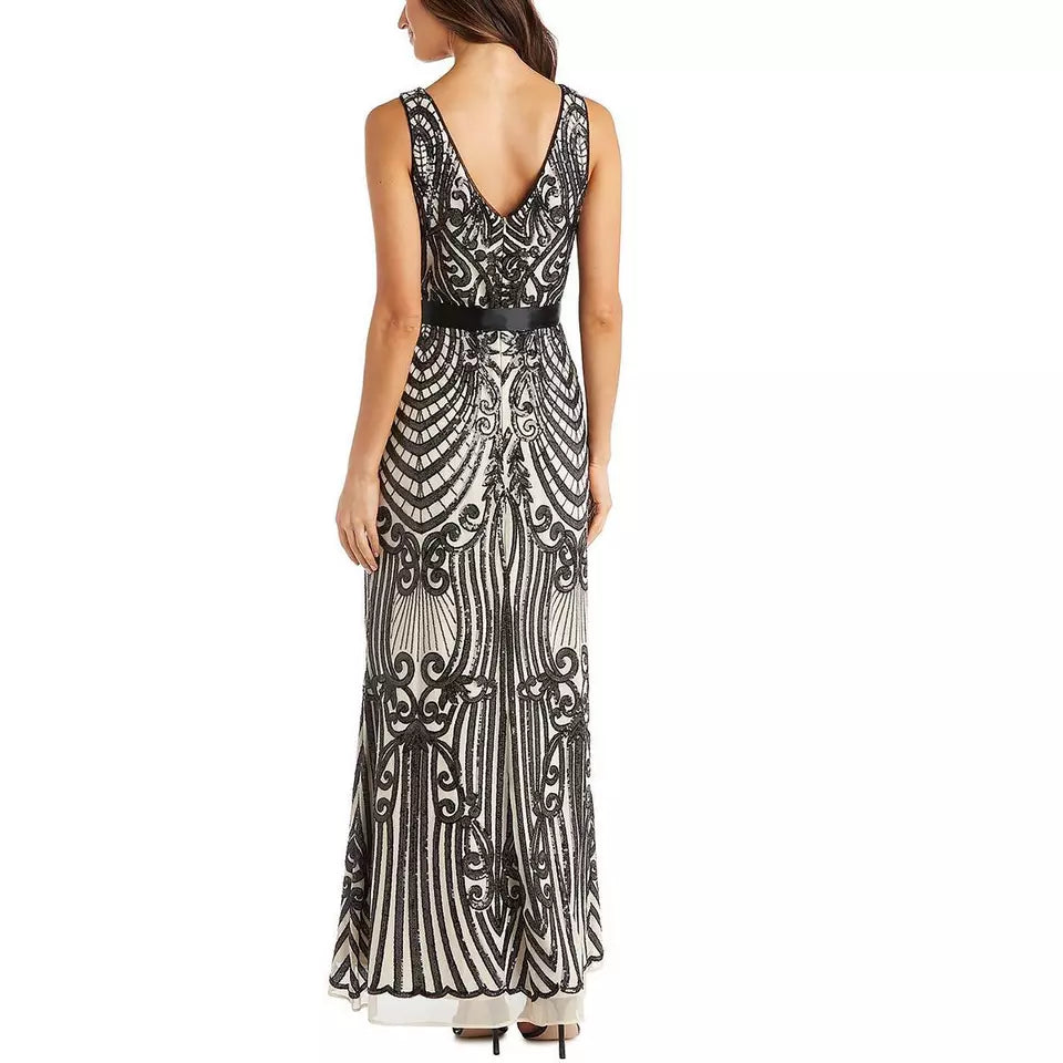 R&M Richards Sequin-Embellished Waist Sash Maxi Evening Dress Gown Color Champagne/Black Size 16