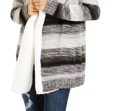 Crave Fame Juniors Fuzz-Lined Hooded Cardigan Color Black Stripe Size XL